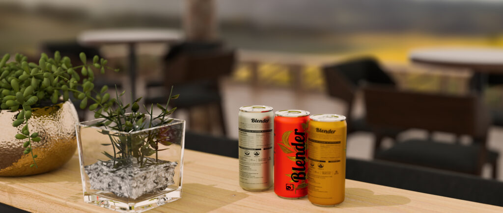 Render 3D de latinhas “Blender” na mesa, em um cenário externo aconchegante