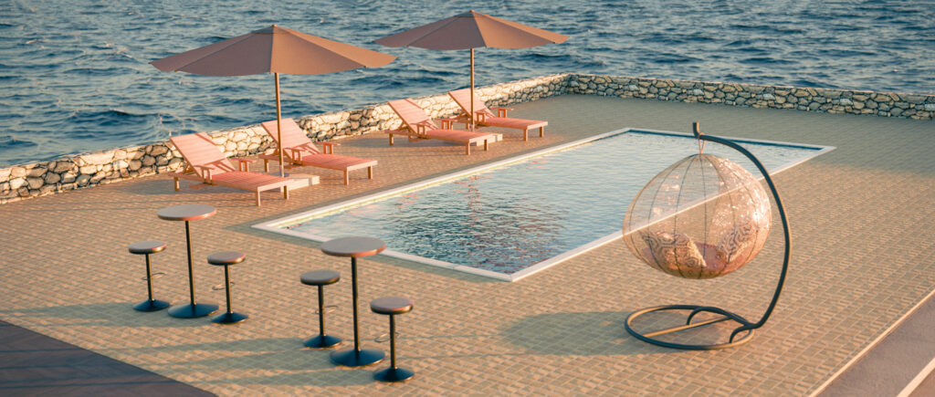 Ilustração 3D de Área externa de uma pousada com espreguiçadeiras e piscina proximo ao mar por Alef Rodrigues. Todos os direitos reservado